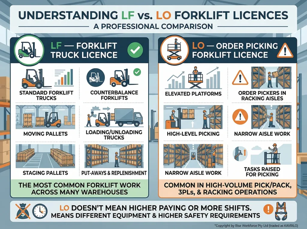 A professional infographic summarizing the differences between LF (Forklift Truck Licence) and LO (Order Picking Forklift Licence) for warehouse and food production environments.
