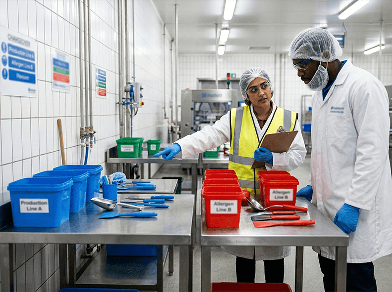 Supervisor showing separated tools and tubs for allergen-controlled changeover in a food factory