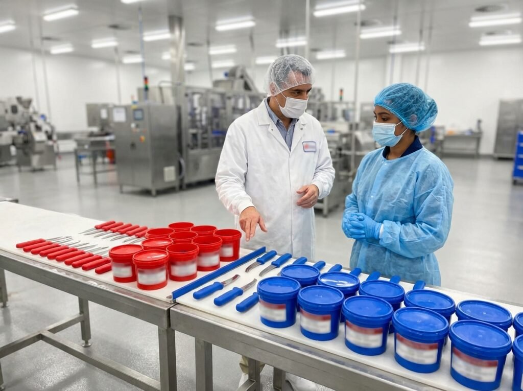 Separated tools and tubs prepared for an allergen-controlled changeover on a food packing line