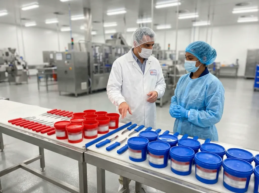 Separated tools and tubs prepared for an allergen-controlled changeover on a food packing line
