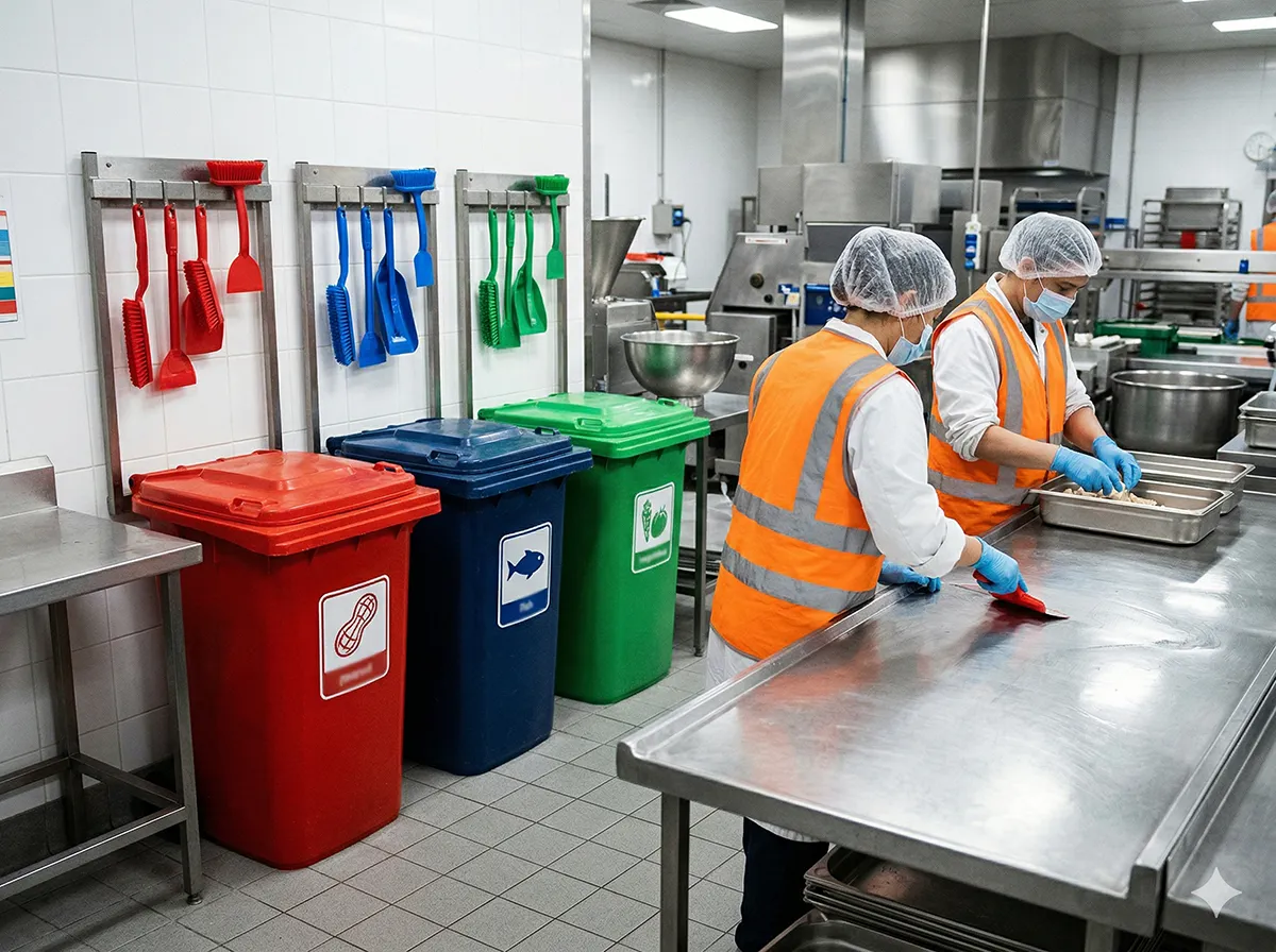 Separated bins/tools on stainless benches indicating allergen-control discipline