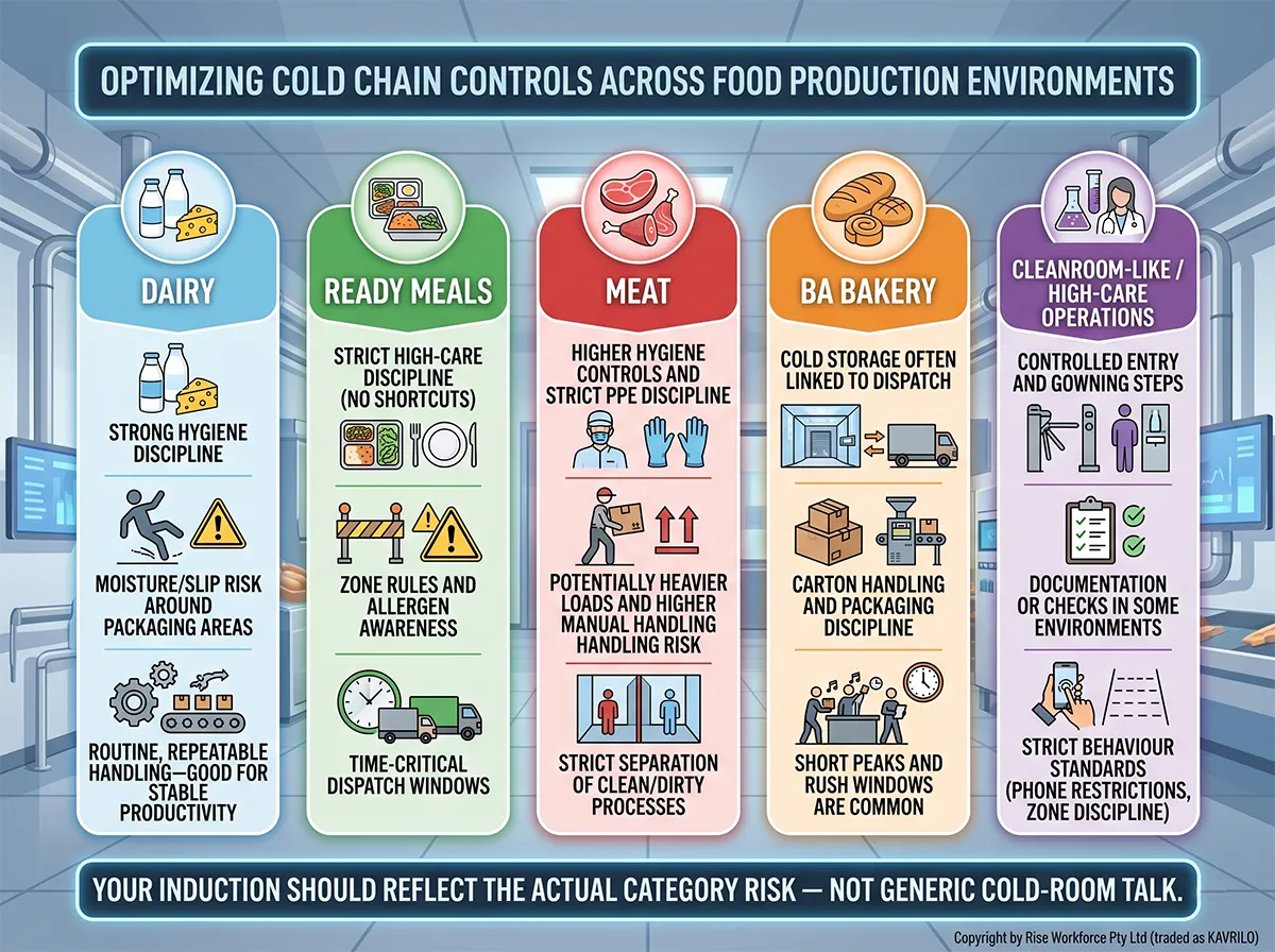 An infographic detailing specific cold chain controls and hygiene standards for five food production categories: Dairy, Ready Meals, Meat, Bakery, and High-Care Operations.