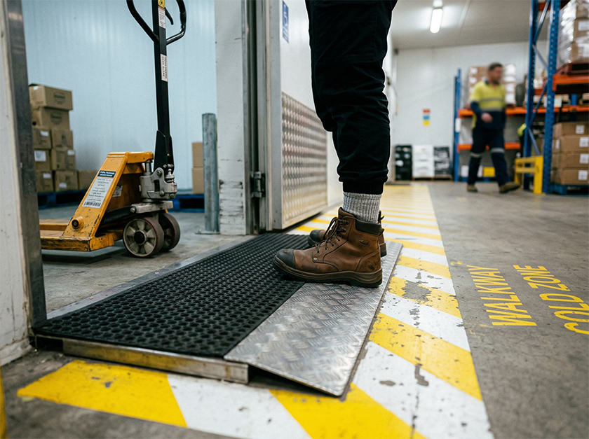 Cold room transition area with anti-slip matting and clear walkway markings