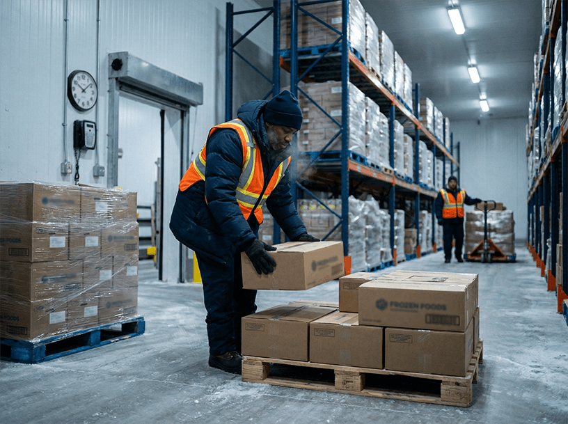 Worker in thermal PPE handling cartons safely in a cold room during a food factory shift