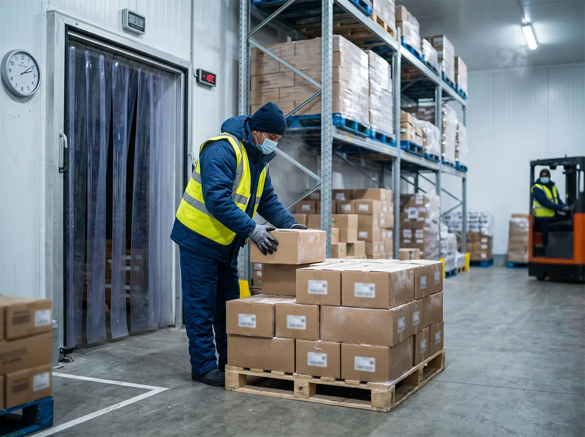 Worker in thermal PPE handling cartons safely in a cold room during a food factory shift