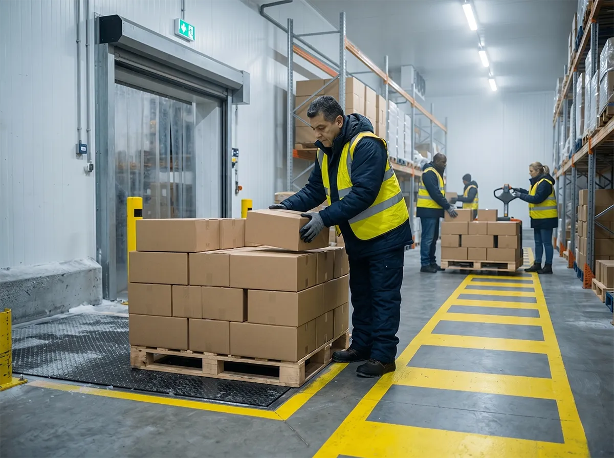 Worker in thermal PPE handling cartons safely in a cold room area on day one of food production work