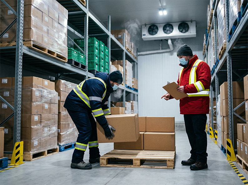 Worker in cold room PPE handling cartons safely with supervisor nearby