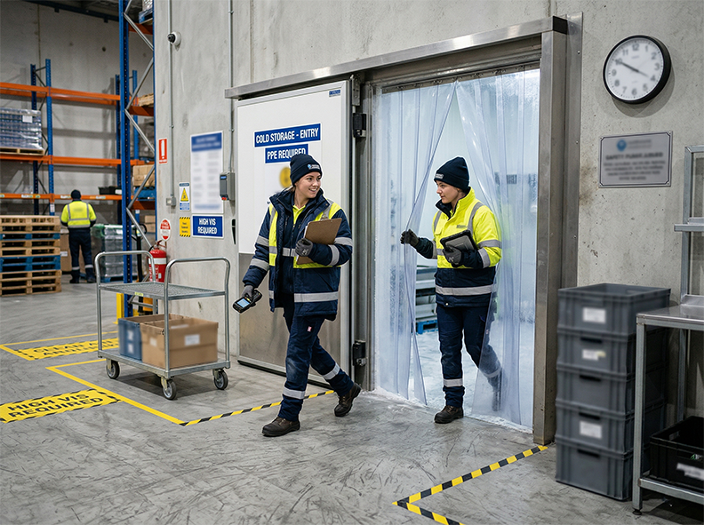 Workers rotating at a cold room entry point while swapping roles