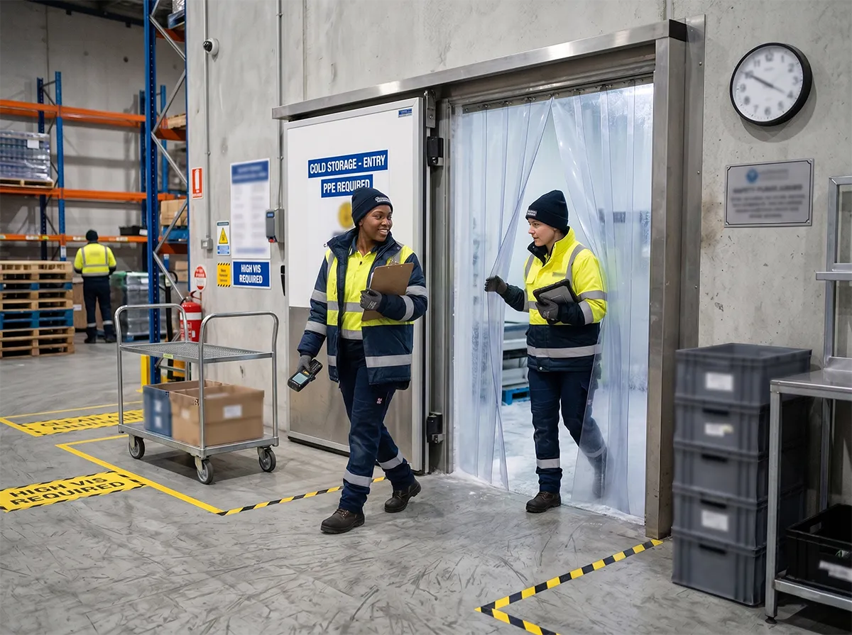 Workers rotating at a cold room entry point while swapping roles