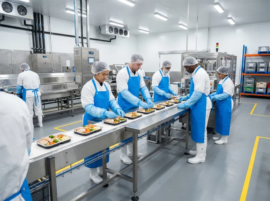 Workers following hygiene and PPE standards in a cold food production site in South-East Melbourne.