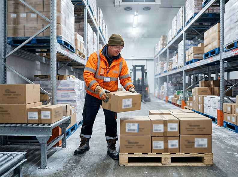 Worker in thermal PPE handling cartons safely on a pallet inside a cold room