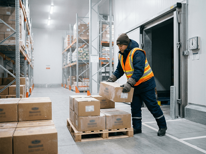 Worker in thermal PPE handling cartons safely in a cold room with tidy staging area