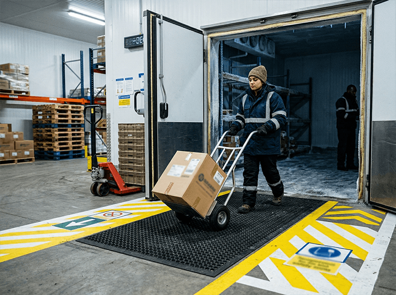 Cold room entry area with anti-slip matting and worker in thermal PPE handling cartons safely