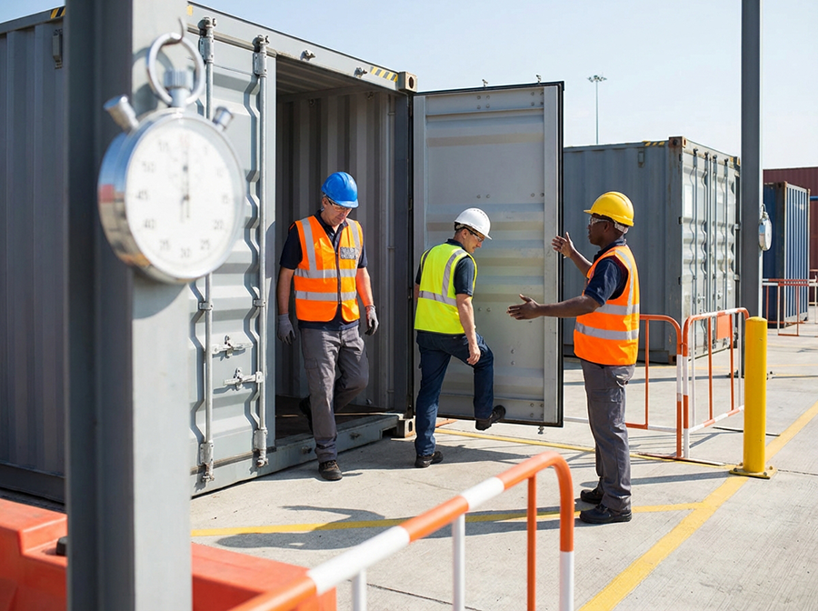 Workers swapping positions at a container bay during a role rotation