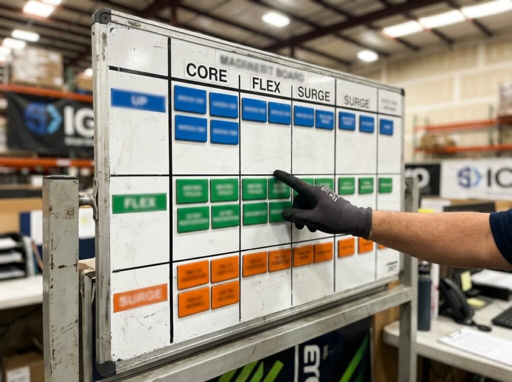 Roster board with colour blocks representing staffing layers