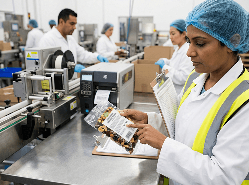 Supervisor inspecting a packaged product for label, date code and seal integrity on a food packing line