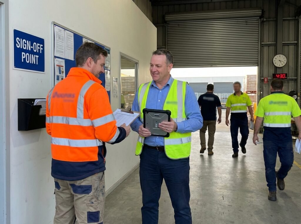 Worker handing a clipboard/tablet to a supervisor at an end-of-shift sign-off point