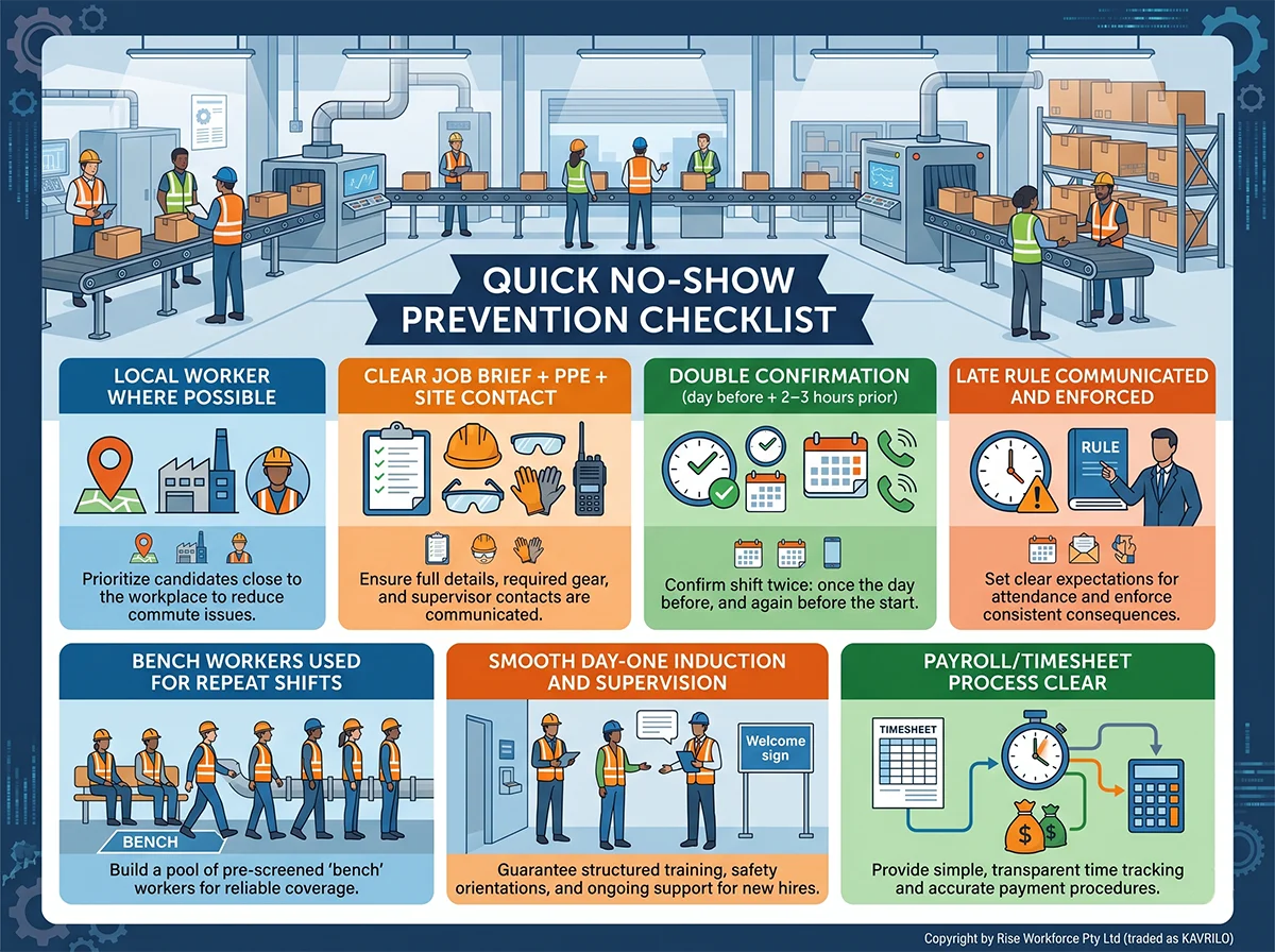 An infographic detailing a 7-step no-show prevention checklist for industrial shift bookings, set against a warehouse and production background. Steps include hiring local workers, clear job briefs with PPE, double confirmation, enforcing lateness rules, using bench workers, providing smooth inductions, and establishing clear payroll processes.