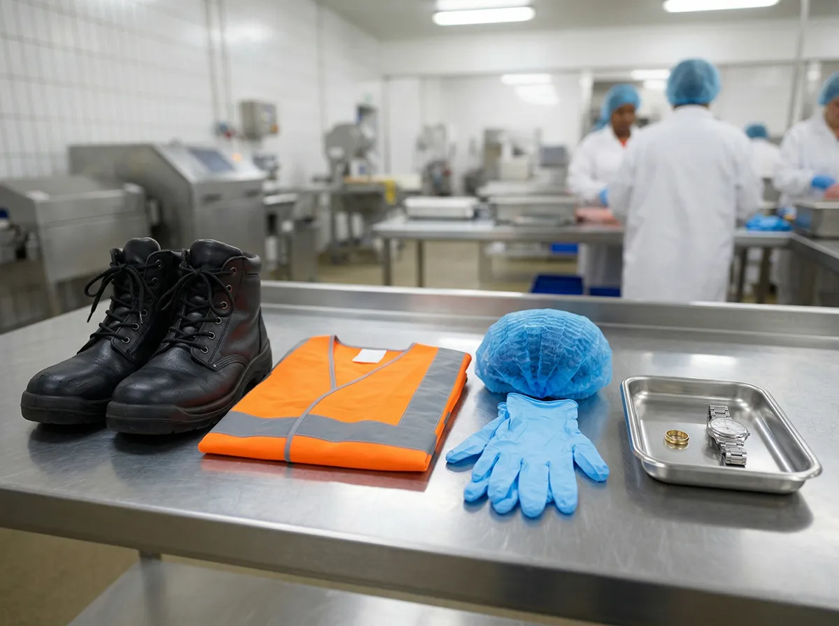 Food factory PPE essentials including steel cap boots, hairnet and gloves with jewellery set aside