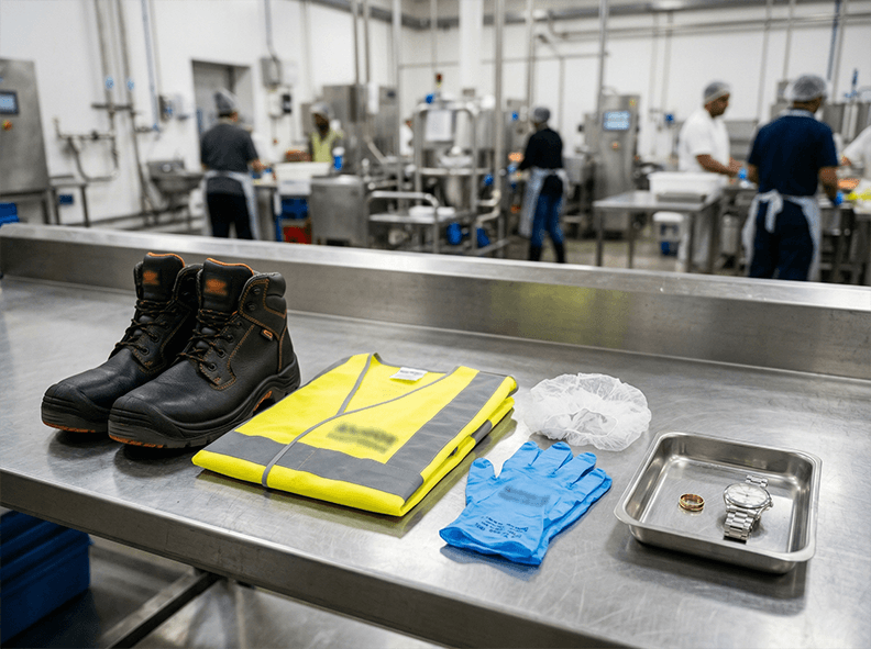 Steel cap boots and food factory PPE items including hairnet and gloves laid out ready