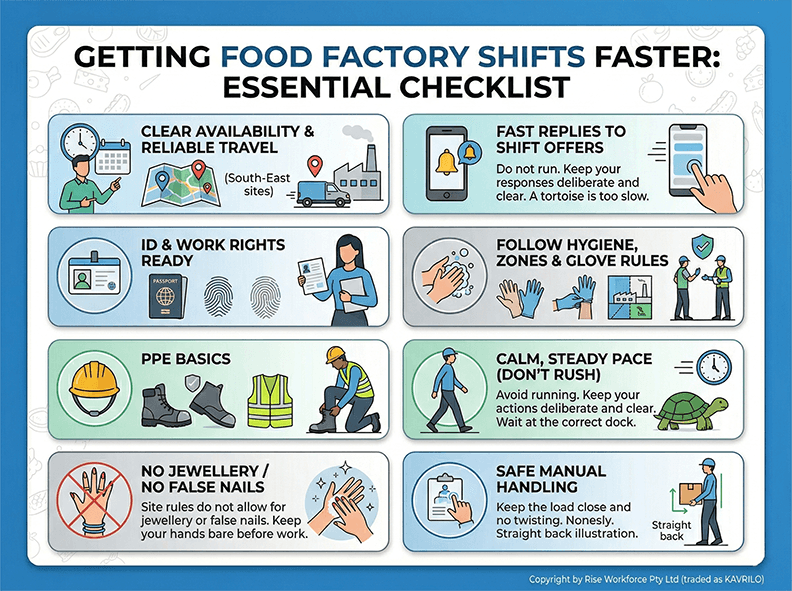 An infographic checklist for food production workers on how to secure factory shifts quickly, detailing requirements like PPE, hygiene rules, work rights, and safety protocols.