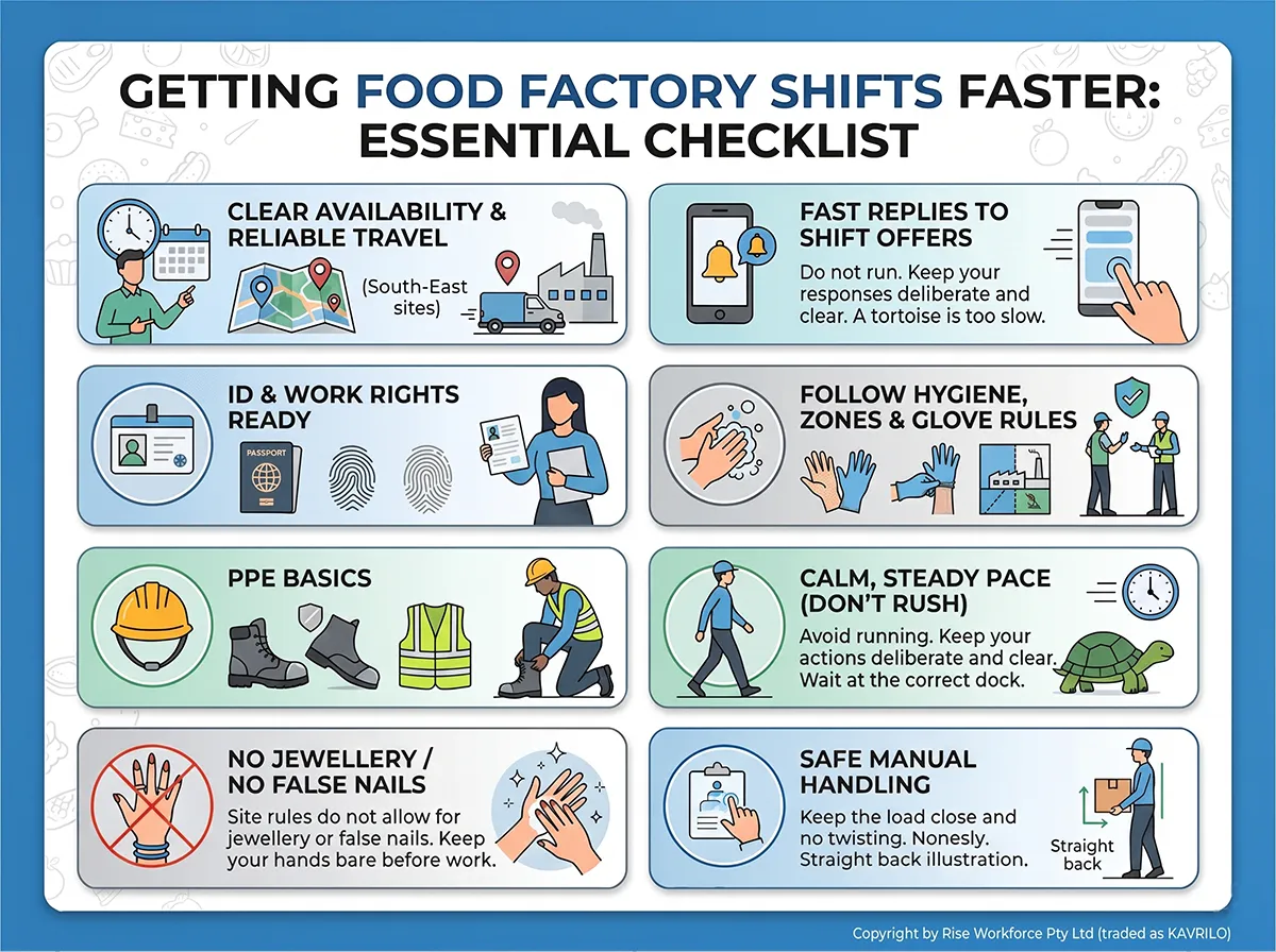 An infographic checklist for food production workers on how to secure factory shifts quickly, detailing requirements like PPE, hygiene rules, work rights, and safety protocols.
