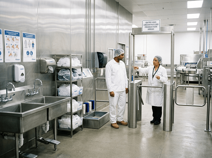 Worker stopping at a food factory zone entry beside a handwashing station and PPE change area
