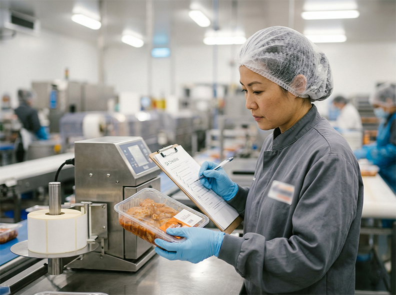 Supervisor verifying label placement and date code on a packaged product on a food packing line