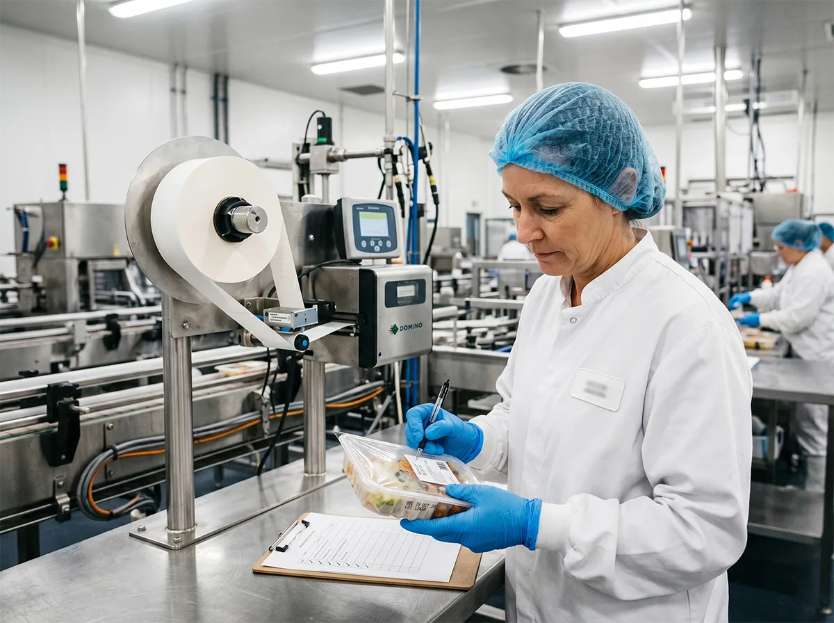 Supervisor verifying label placement and date code on a packaged product on a food packing line