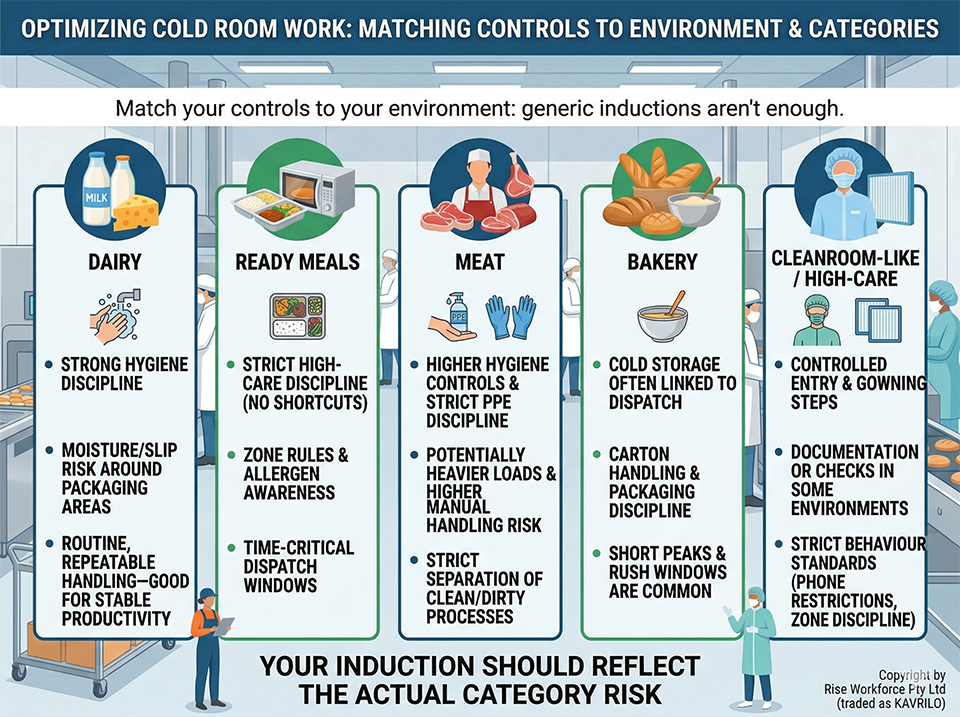 An infographic detailing different cold room standards and safety protocols for five food production categories: Dairy, Ready Meals, Meat, Bakery, and Cleanroom-like/High-Care operations, stressing that inductions must be risk-specific.