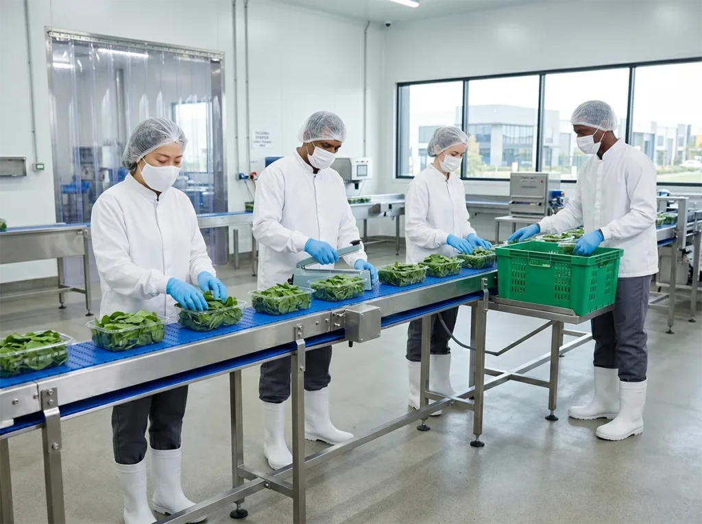 Food production workers working steadily on a packing line in South-East Melbourne.