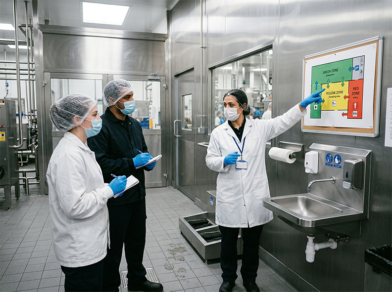 Supervisor briefing workers at a handwash station near a zone entry point