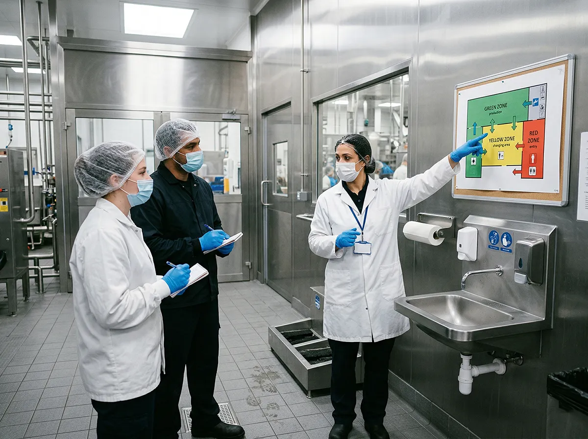 Supervisor briefing workers at a handwash station near a zone entry point