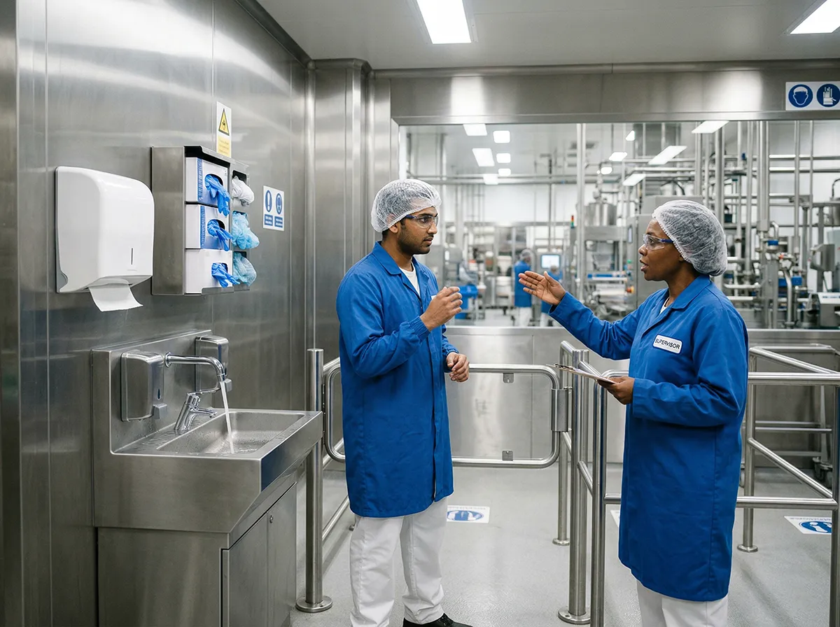 Worker stopping at a controlled zone entry with handwashing station and PPE change point in a food factory