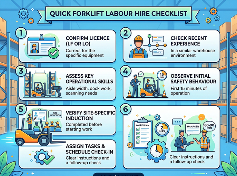 An infographic illustrating a six-step forklift labour hire checklist, including licence confirmation, experience checking, skill assessment, safety observation, site induction, and task assignment.
