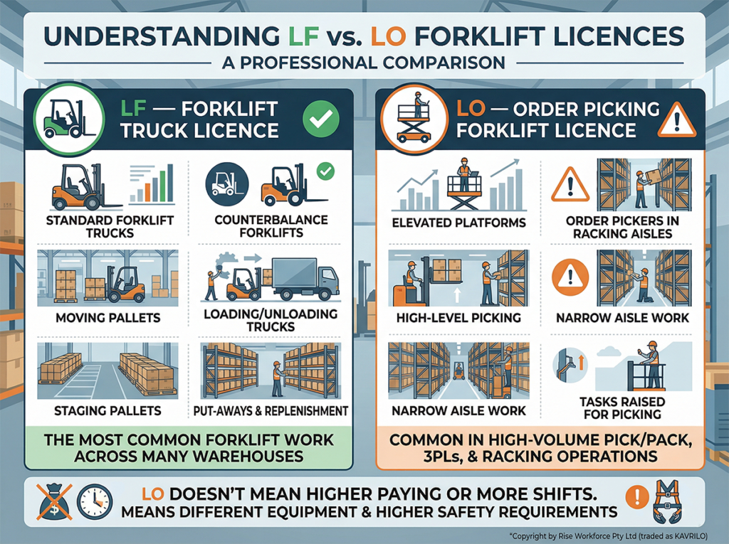 A professional comparison infographic explaining the differences between LF (Forklift Truck) and LO (Order Picking Forklift) licences in a warehouse and production setting.