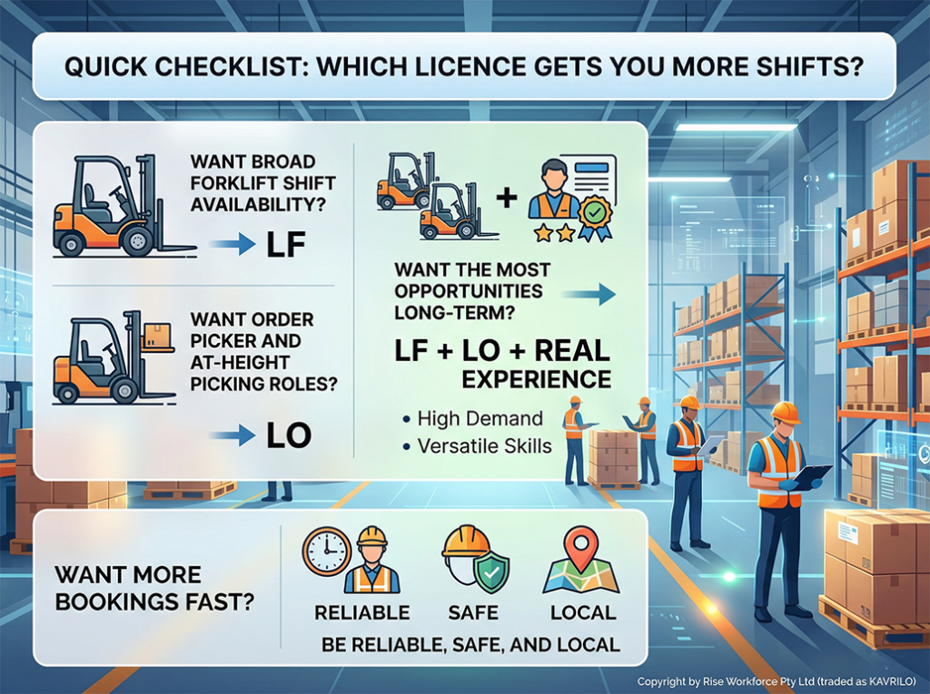 An infographic comparing LF and LO forklift licences for warehouse work. It shows that LF offers broad shift availability, LO covers at-height picking, and combining both with experience yields the most long-term opportunities. It also highlights the need to be reliable, safe, and local for fast bookings.