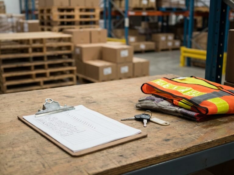 Close-up of a warehouse desk showing a clipboard with a checklist, forklift keys, heavy-duty work gloves, and a high-vis vest. The background features softly blurred wooden pallets and metal storage racking.