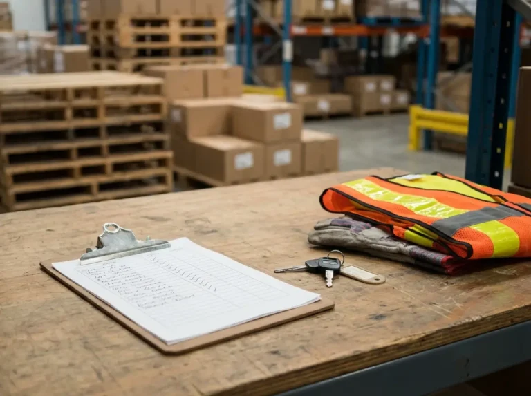 Clipboard with a simple checklist next to hi-vis PPE items