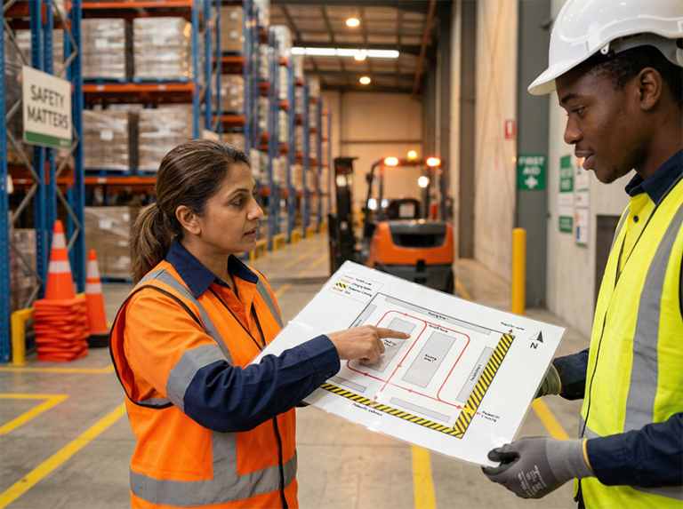 Supervisor pointing to floor markings for pedestrian walkways and forklift lanes during an induction