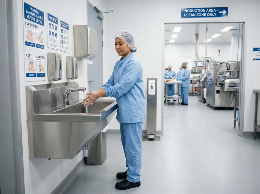 Food production worker washing hands at a hygiene station before shift in South-East Melbourne.