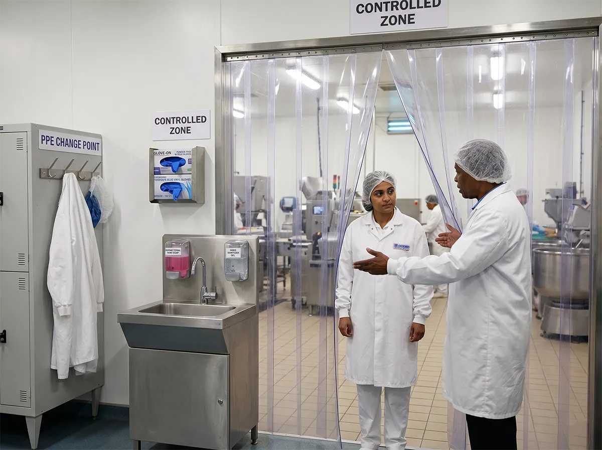 Worker stopping at a high-care zone entry point beside a handwash station and PPE change area