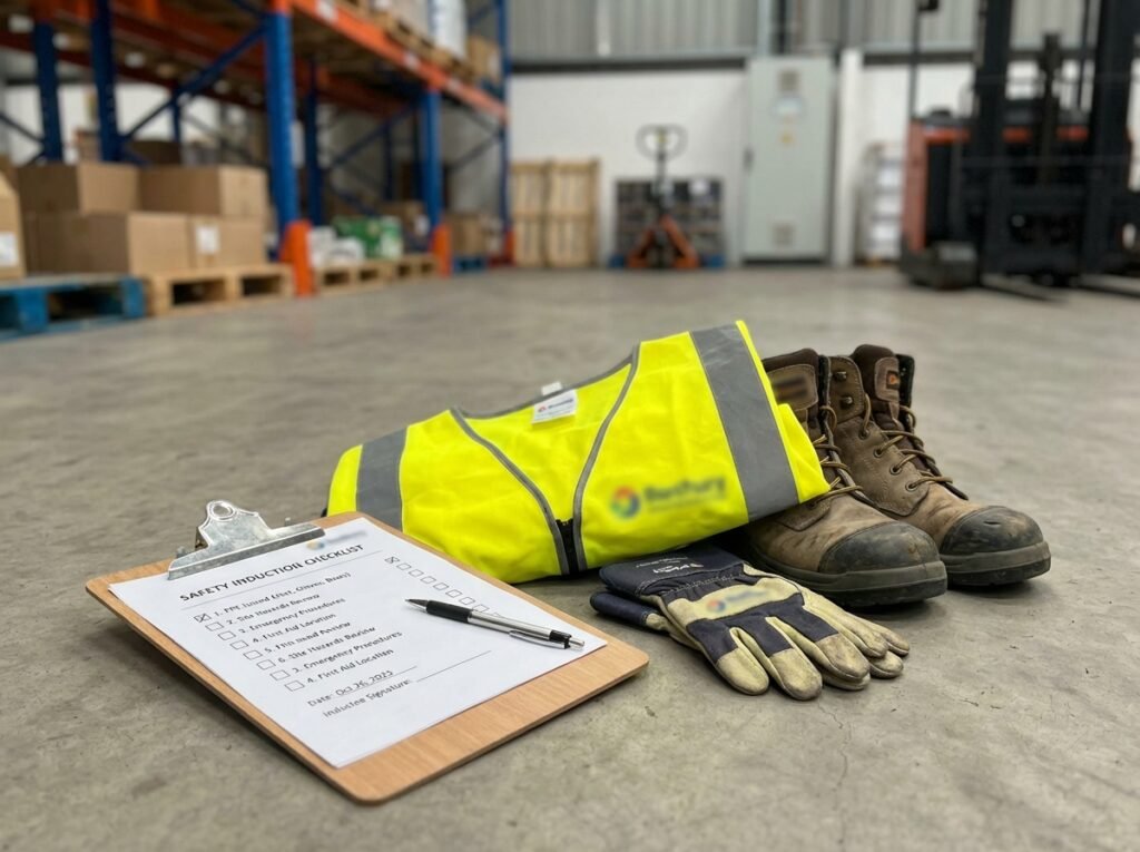 Clipboard with a simple checklist next to hi-vis PPE items