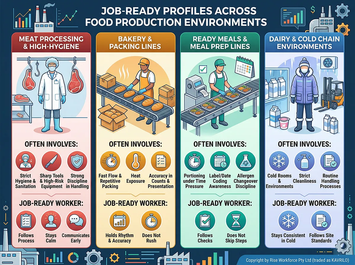 An infographic comparing job-ready worker profiles in meat processing, bakery, ready meals, and dairy production environments. The image details the specific visual settings, work conditions, and behavioural traits needed for each sector, such as hygiene, speed, accuracy, and temperature consistency.