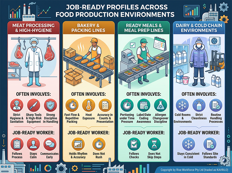 An infographic comparing job-ready worker profiles in meat processing, bakery, ready meals, and dairy production environments. The image details the specific visual settings, work conditions, and behavioral traits needed for each sector, such as hygiene, speed, accuracy, and temperature consistency.