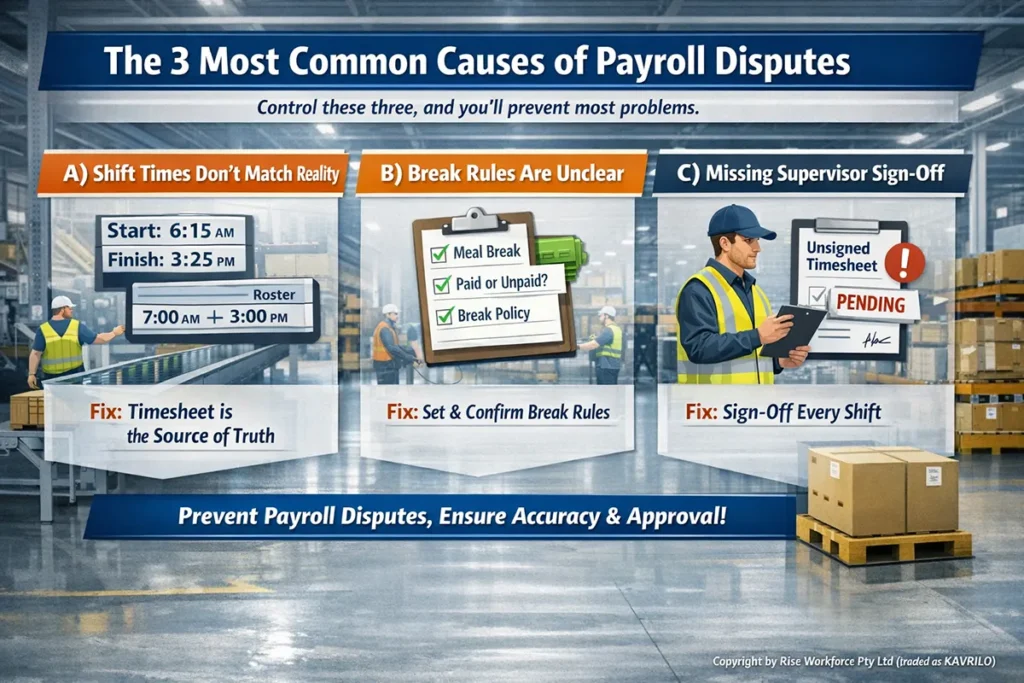 Infographic showing the three most common causes of payroll disputes in warehouse, factory and production settings: incorrect start and finish times, unclear break rules, and missing supervisor sign-off.