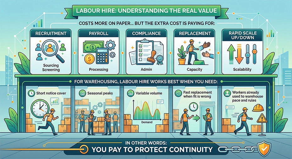 An infographic illustrating the value of labour hire. The top section shows what the extra cost pays for, including recruitment, payroll processing, compliance admin, replacement capacity, and scalability. The bottom section details when it works best for warehousing, such as for short notice cover, seasonal peaks, variable volume, fast replacement, and experienced workers. The overall theme is paying to protect business continuity.