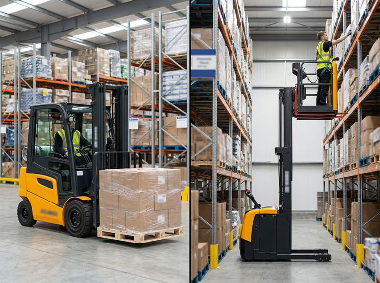 Side-by-side view of a counterbalance forklift and an order picker forklift in a warehouse