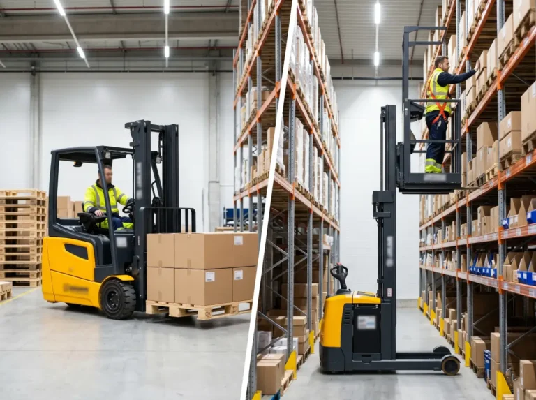 Side-by-side view of a counterbalance forklift and an order picker forklift in a warehouse