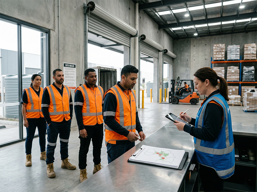 Workers arriving at a warehouse entrance while a supervisor checks names on a roster